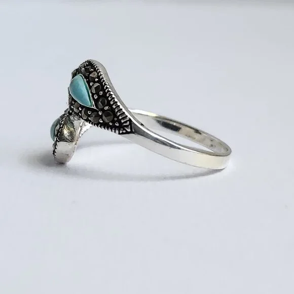 1990's Signed 925 Silver Classic Turquoise & Marcasite Ring Size 7 - Picture 8 of 12